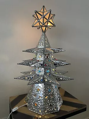 Punched TIN CHRISTMAS TREE Glass Star. Hand Made Table Top Lighted Tree 26 In H • $299.99