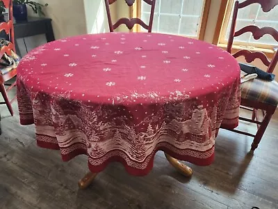 Benson Mills Vintage WINTER Christmas Red HolidayJacquard Round Tablecloth 70”  • $15