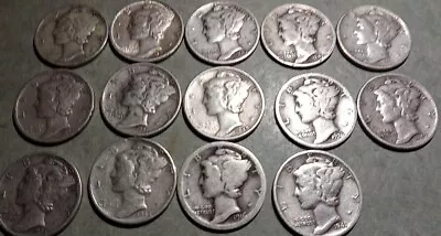 LOT OF 14 MERCURY DIMES  SILVER American Coins Same As Pictured. Key Dates  • $27