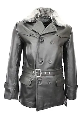 Luxury Men's Black German Army Officer Dr Who Fur Cowhide Leather Jacket Coat • $273.60