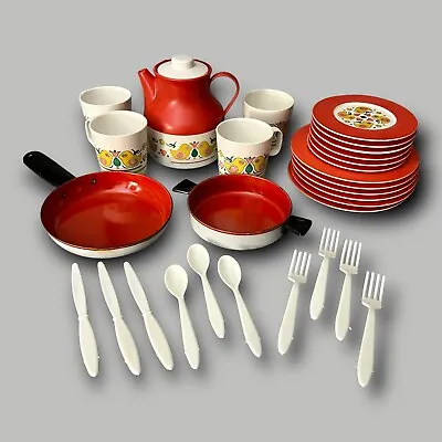 $21.99 • Buy Chilton Play Plastic Dishes Plates Cups Saucers Utensils Bird Metal Pot Pan Red
