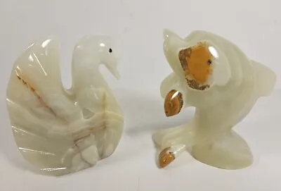 Handcarved Marble Dolphin & Swan Paperweights Variegated Color Aquatic Lovely • $9.99