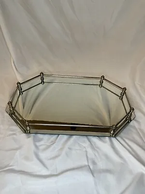 Vintage Octagon Glass Mirror Vanity Footed Tray Gold Brass Trim • $35.70