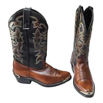 Masterson Cowboy Boots Brown Black Leather Toe Tip Plate RB913 Mens 7D Two Tone • $49.99