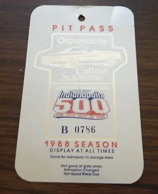 1988 Indianapolis 500 Season Pit Pass Credential Indy 500 Oldsmobile Cutlass • $8.99