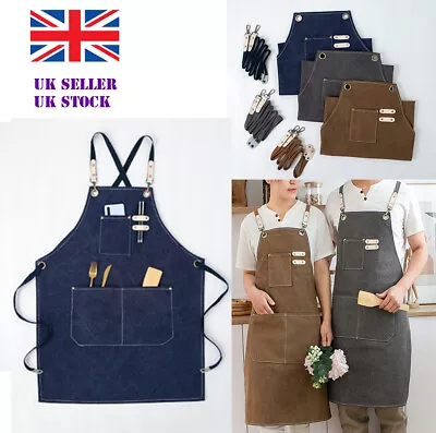 Adult Canvas Cooking Kitchen Restaurant Work Bib Apron Pocket Leather Strap UK • £9.48