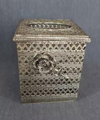 Vintage Silver Finish Filigree Tissue-Box-Cover With Rose • $24