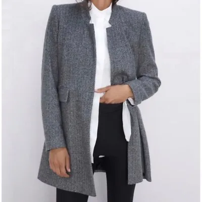 Zara Tweed Inverted Lapel Herringbone Grey Coat Size M • $50