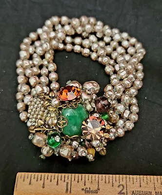 Early Miriam Haskell Jade Peking Glass Rhinestone 6strand Pearl Cluster Bracelet • $199