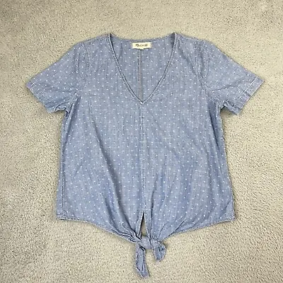 Madewell Chambray Top Women Small S Blue Novel Tie-Front Lasercut Pop-On • $21.96