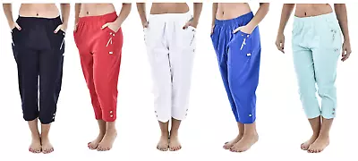 Ladies Women Cropped Trousers Stretchy Summer Cotton Capri Plus Size 10 To 24  • £9.90