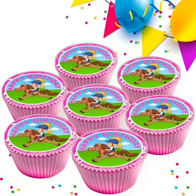 Happy Birthday Horse Riding Pink Edible Cupcake Toppers Decorations Cc7989 • £2.99