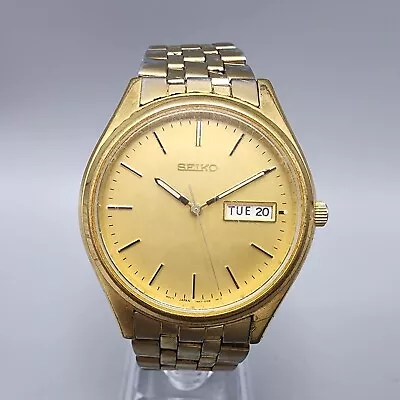 VTG Seiko Watch Men 37mm Gold Dial Gold Tone Daydate Round 7N43-9048 New Battery • $39.99