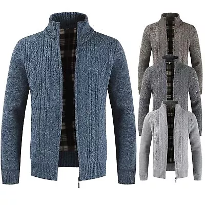 Mens Zip Up Thick Fleece Lined Cable Knit Cardigan Winter Knitted Warm Jacket • £20.99