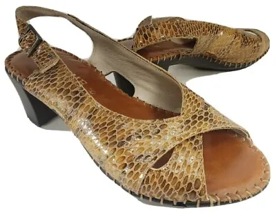 La Plume Leather Brown Tan Reptile Slingback Heeled Sandals Size 5-5.5M 36EU  • $19.80