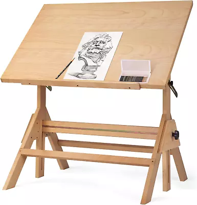 Drafting Table Natural Design Solid Beech Wood Drafting Table Adjustable Heigh • $160.88