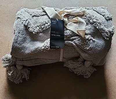 New M&S Light Grey Pure Cotton Patterned Tufted Tassel Throw Size 130 X 170 Cm • £29.99