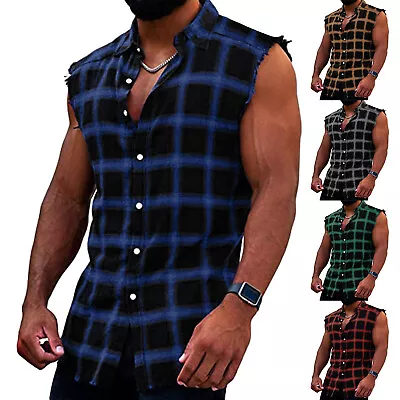 Mens Sleeveless Dress Shirts Button Down Slim Fit Casual Plaid Checker Flannel • $15.99