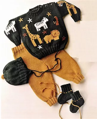 KNITTING PATTERN Baby Boys Safari Animal Sweater Jumper Trousers Hat 20 - 22  DK • £2.15