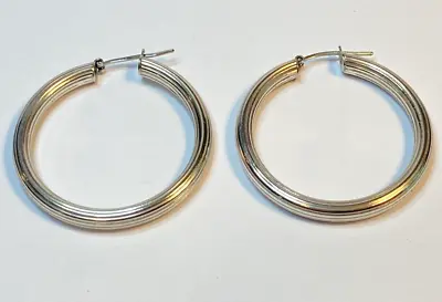 Vintage Large Classic Ridged Hoop Sterling Silver Stamped 925 Italy Earrings • $18