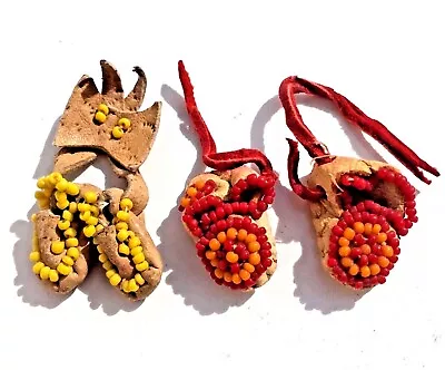 2 Pair Vintage Miniature Beaded Moccasins Leather Shoes Handmade Yellow And Red • $9.08