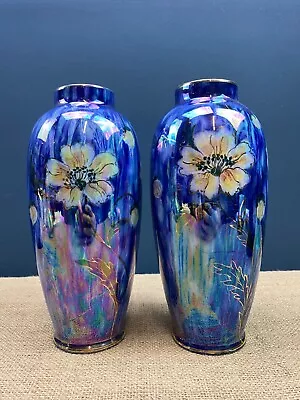 Large Pair Vintage 1950's Maling Blue Lustre Ware Floral Vases • £95