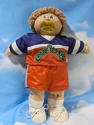 Cabbage Patch Doll Curly Blonde Blue Eyes With Pacifier  & Sports Outfit HM#4 • $34.99