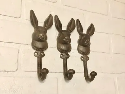 3 Rustic Brown Cast Iron Bunny Rabbit Hooks Coat Hooks Wall Hooks • $29.99