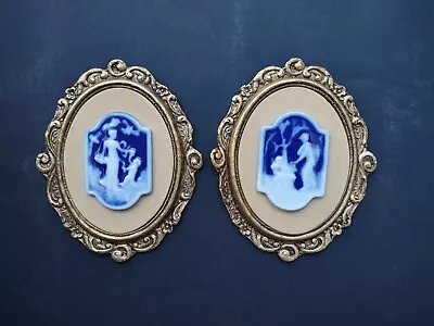 LIMOGES France Porcelain Blue & White Cameo Plaques Framed- Winter & Spring  • £38.88