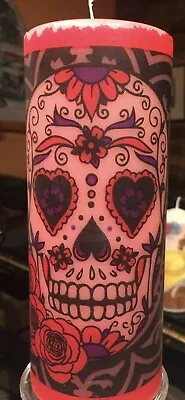 DAY OF THE DEAD SUGAR SKULL (BLACK & RED) Hand Decor On CORAL PILLAR CANDLE 18x7 • £10.50