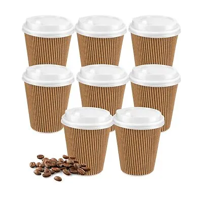 Coffee Cups Insulated Ripple Tea Cup Hot Beverage Disposable Paper Lids 8oz/12oz • £7.49