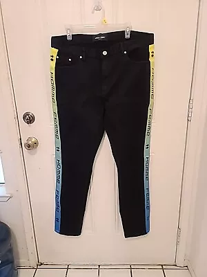HOMME + FEMME Black Denim Stretch Jeans Neon Yellow Stripe Streetwear Men Sz 40 • $85
