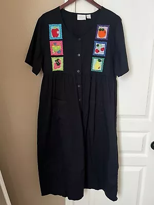 Go Softly Patio Black Embroidered Mumu House Dress Coat Pockets Button Down XL • $19.99