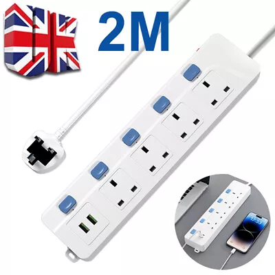 4 WAY Extension Lead With USB Individual Switches Power Strips 2m Long Cables UK • £11.99