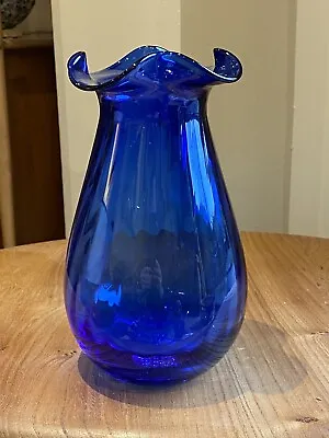 Vintage MCM Dartington Cobalt Blue Glass Swirl Ruffle Neck Vase. • £17.50