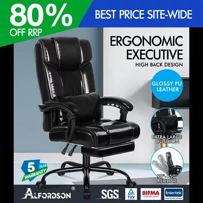 ALFORDSON Office Chair Executive Computer Gaming PU Leather Seat Recliner Black • $119.95