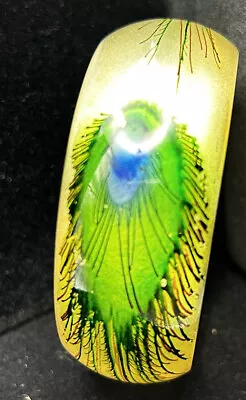 Vintage Lucite Reverse Image Peacock Feathers Bangle Green Pearlescent Wide • $22