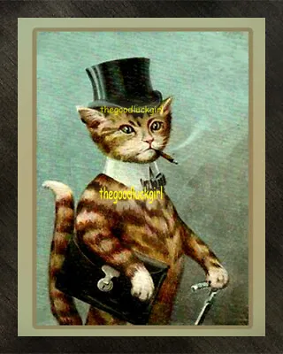 5x7 STEAM PUNK TABBY CAT W/Top Hat Walking Stick Vintage Postcard Art Print • $7.99