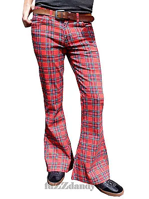 £36.99 • Buy FLARES Tartan Red Mens Bell Bottoms Hippie Vtg Indie Trousers 60's 70's Glam 