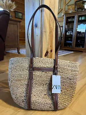 ZARA  Shopper Bag BRAIDED JUTE Natural Leather Straps Tote XL Work HandBag NWT • $59