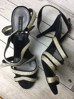 Zara Basic Gold Metallic Black Strappy Heels Sandals Ankle Strap Sz US 9 EU 39 • $27.70