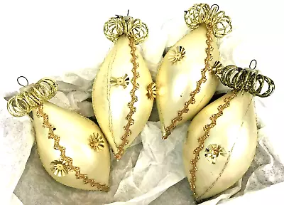 Vintage Glass Teardrop Christmas Ornaments Wire Wrapped 5  Gold Sequin Set 4  • $28