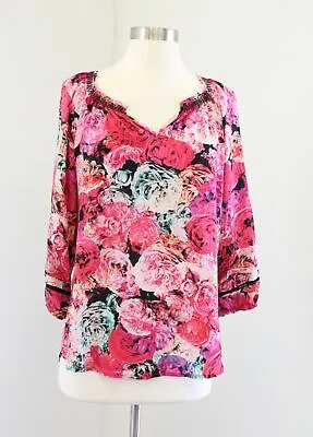 Vanessa Virginia Anthropologie Pink Red Silk Peony Floral Print Top Blouse Sz S • $16.99