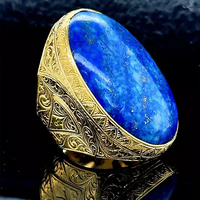 Mens Handmade Silver Large Lapis Ring  Ottoman Style  14k Gold Lapis Ring • $175