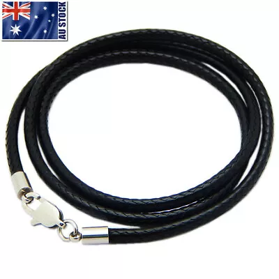 Black Woven Necklace Rope Leather Cord Stainless Steel Lobster Clasp Mens Womens • $4.12