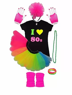 Neon Tutu Skirt I Love 80'S Kids Set Fancy Dress Black Top Legwarmers Gloves UK • £21.98