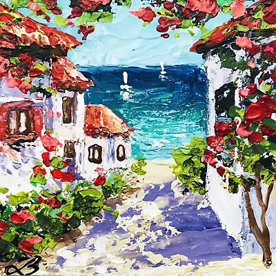 Mediterranean Art Impasto Original Seascape Bougainvillea Small Cozy Room Decor • $34