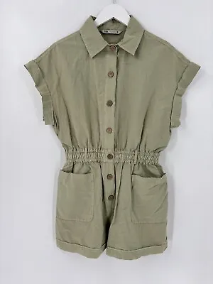 Zara Romper Womens Medium Sage Green Utility Pockets Button Front Belt Loops • $19.99