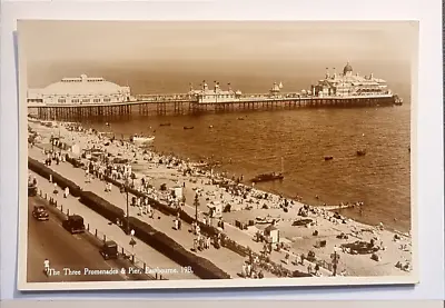 Eastbourne Postcard C1935 Real Photo Three Promenades & Pier Vendor Kiosk Sussex • £5.95