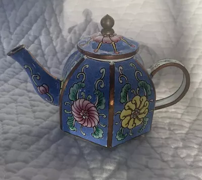 Miniature Decorative Teapot Enamel On Copper Asian Style With Lid/Blue • $15